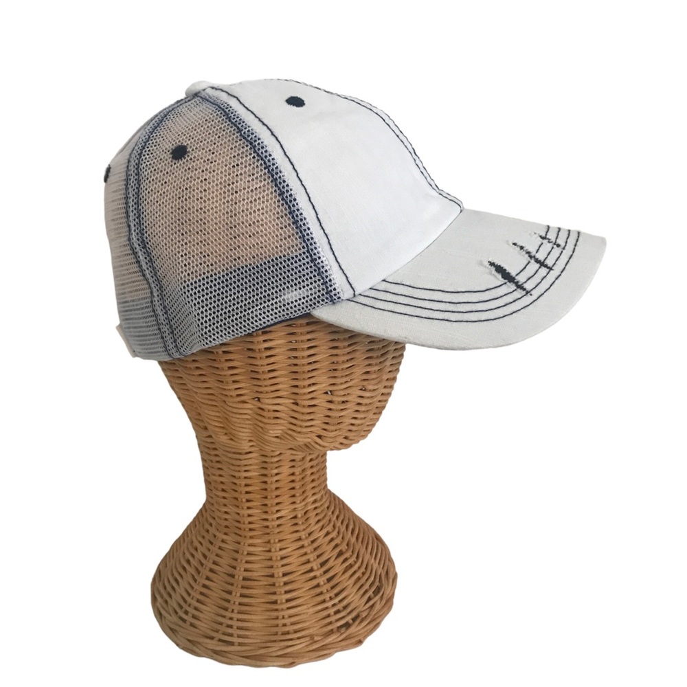 Distressed Canvas, Mesh Back Ponytail Hat Adjustable White Ball Cap New!